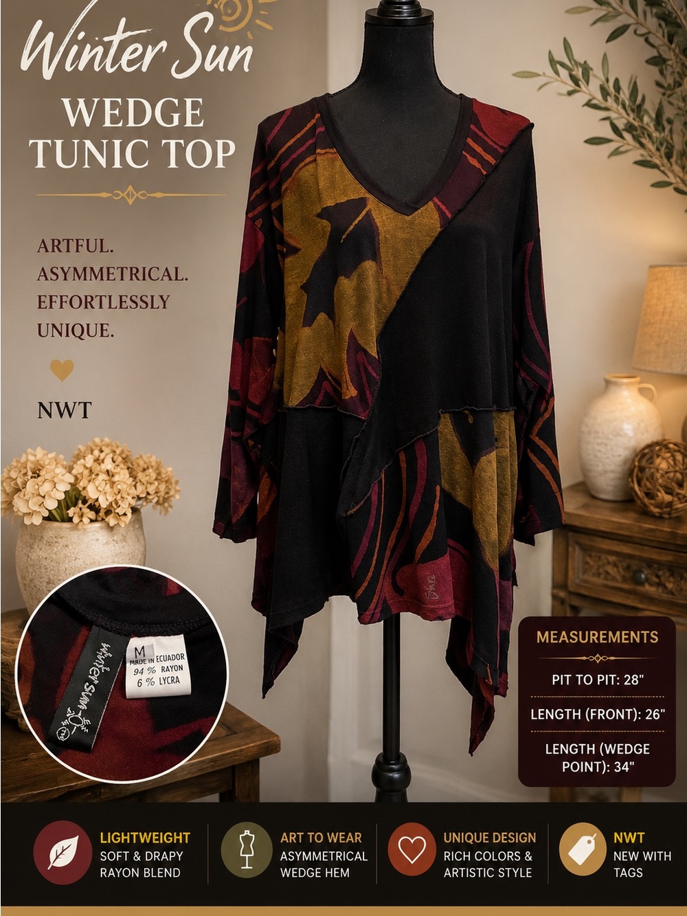 NWT Winter Sun Art to Wear Asymmetrical Wedge Tunic Top Burgundy Black M